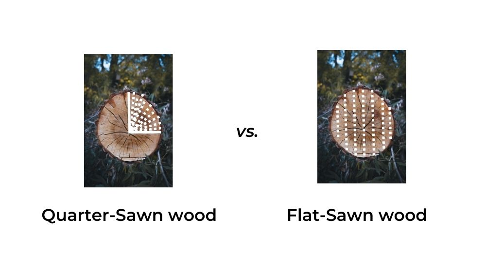 Quarter-sawn wood demonstrating the perpendicular cut compared to the parallel flat-sawn wood.