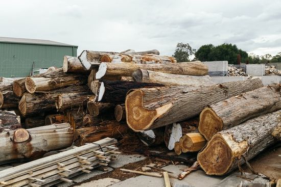 A pile of lumber at a lumberyard