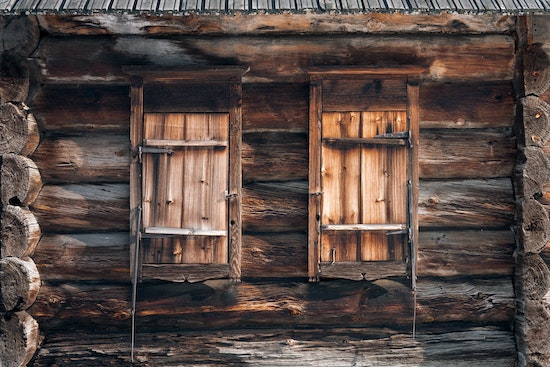 A weathered wooden cabin