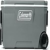 A grey portable cooler with wheels