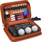 Leather golf accessories kit with golf balls and tees.