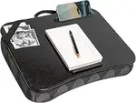Black lap desk with strap and phone compartment