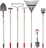 Large set of garden tools, including rakes and shovels