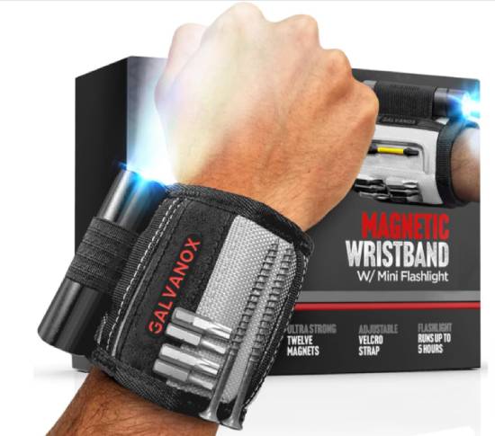A magnetic wristband with an attached flashlight