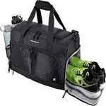 Black gym bag with multiple compartments for clothes and water bottles