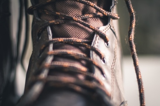 A close-up of a leather work boot
